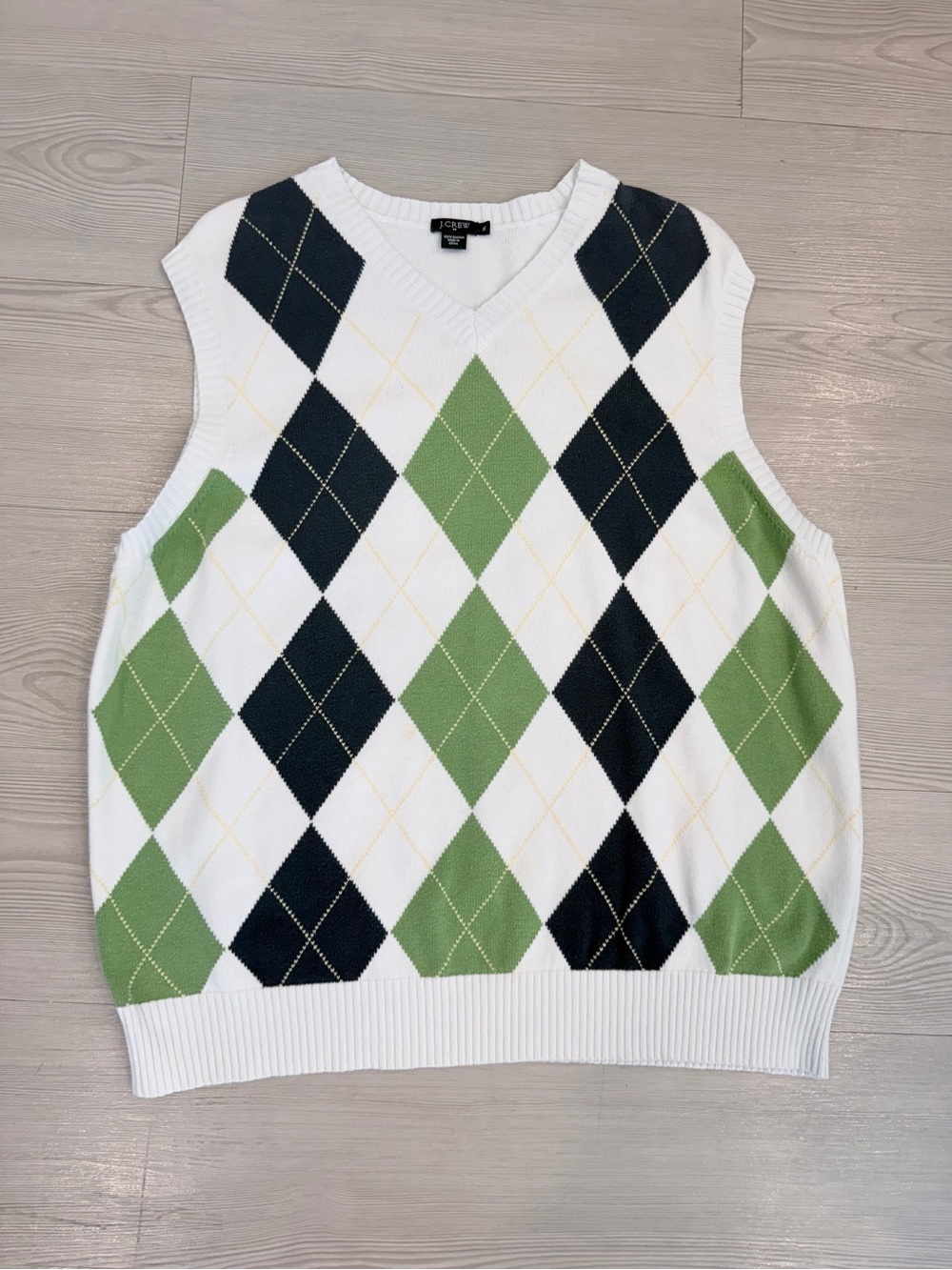 J. Crew White Argyle V-Neck Sweater Vest with Green and Navy Diamonds